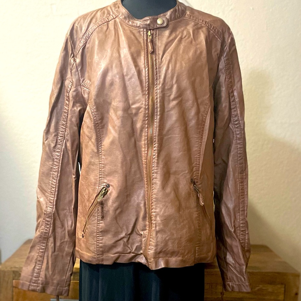 Lane Bryant • Brown Vegan Faux Leather Biker/Motorcycle Jacket Distressed